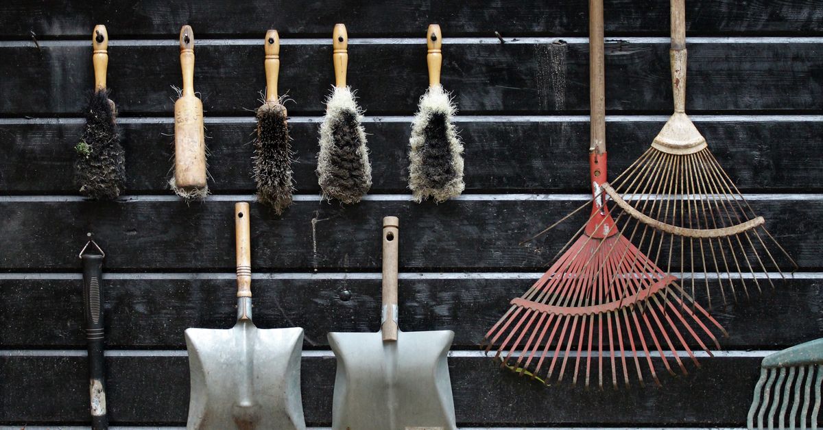 Diverse tuingereedschappen zoals borstels, schoppen en hark netjes opgehangen aan een zwarte houten wand in een schuur.
