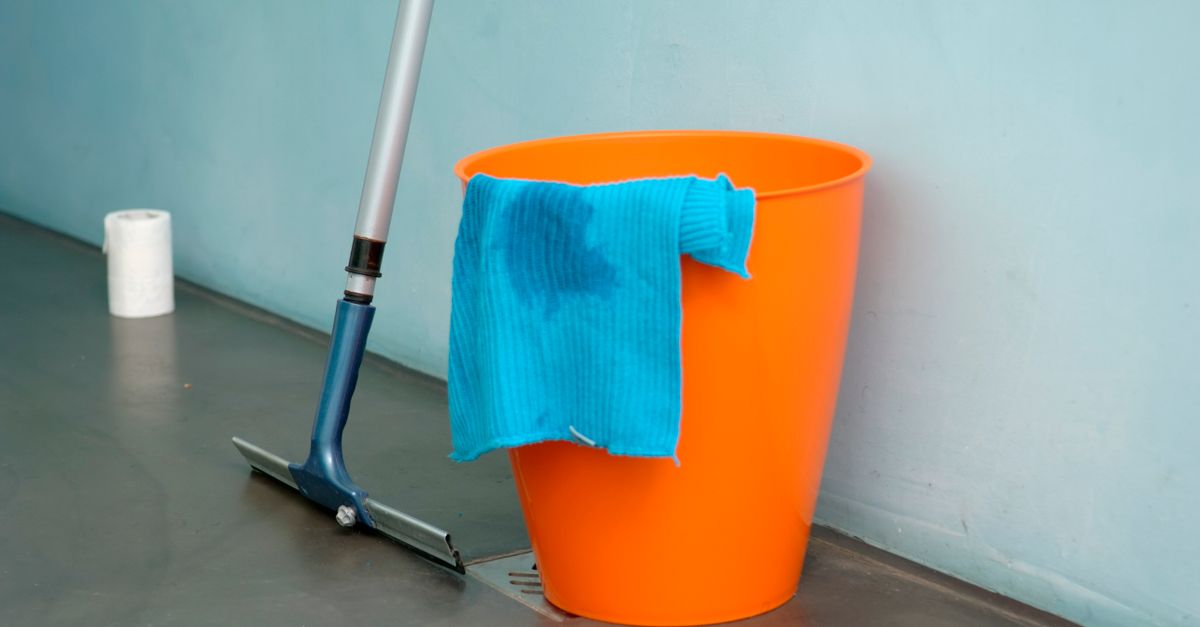 Een raamtrekker met rubberen blad leunt tegen een oranje emmer met een blauwe doek erop, klaar voor het streeploos wassen van ramen.