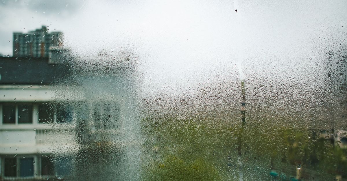 Condensdruppels op een enkel glazen raam met op de achtergrond een wazig zicht op gebouwen en groen in bewolkt weer.