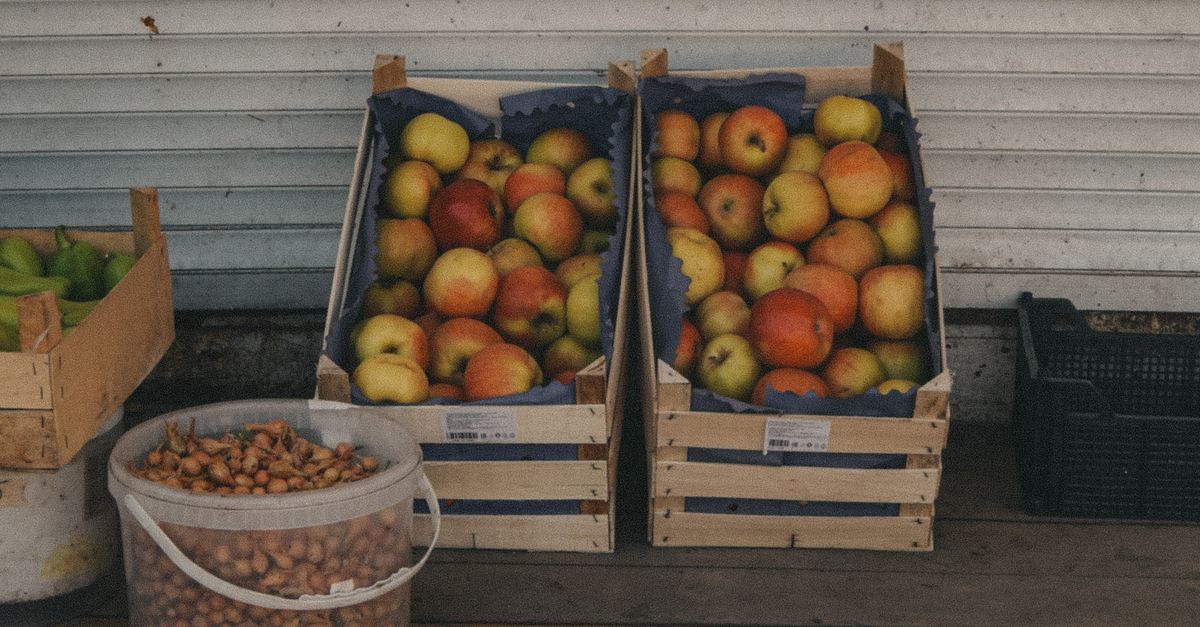 Twee houten fruitkratten vol met rode en gele appels staan tegen een golfplaten muur.